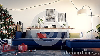 living room interior with christ mas tree, 3d rendering Stock Photo