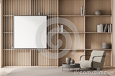 Living room interior with comfortable armchair, white empty poster Stock Photo