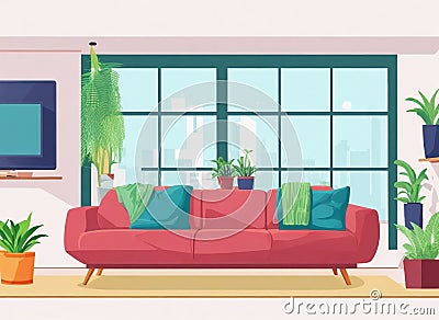 Living room interior. Comfortable sofa, TV, window, chair, and house plants. Cartoon Illustration