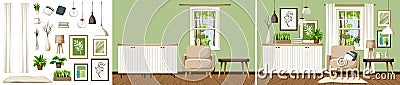 Living room interior design with an armchair, a dresser, and rain outside the window. Interior constructor Vector Illustration