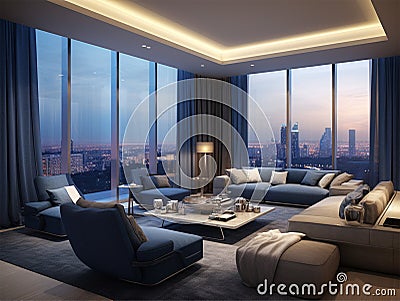 Living room interior design with big windows cityview Stock Photo