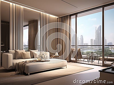 Living room interior design with big windows cityview Stock Photo