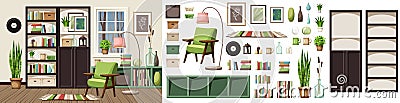 Living room interior design with bookcases, an armchair, a shelving, and houseplants. Furniture set. Interior constructor Vector Illustration