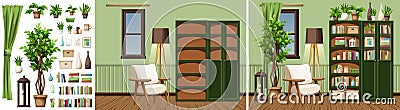 Living room interior design with bookcases, an armchair, a floor lamp, and a big ficus tree. Interior constructor Vector Illustration