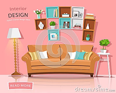 Living room interior design with couch, lamp and shelves. Funny style furniture set. Vector Illustration