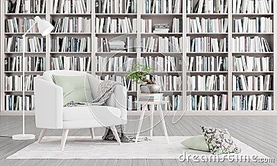 Living room interior design with library. White armchair with decoration. 3D Render Cartoon Illustration