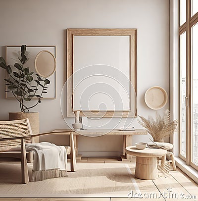 living room interior design mock up, minimal and functional apartment design mock up, Generative AI Stock Photo