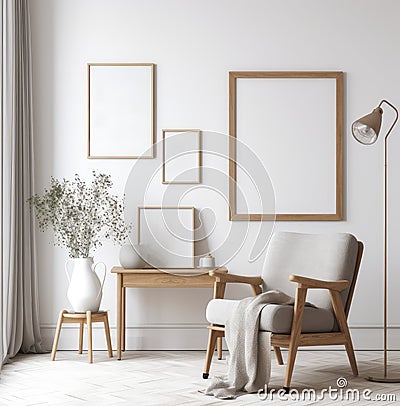living room interior design mock up, minimal and functional apartment design mock up, Generative AI Stock Photo