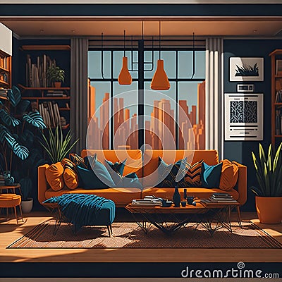 Living Room Interior Design in Retro Style and 2D Perspective for Modern Buildings and Architectural Designing Stock Photo