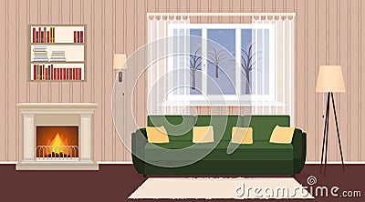 Living room interior with fireplace, sofa, lamps Vector Illustration