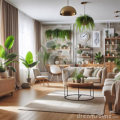 Living Room Interior Flourished with Green Houseplants and Cozy Sofas. Generative ai for illustrations Cartoon Illustration