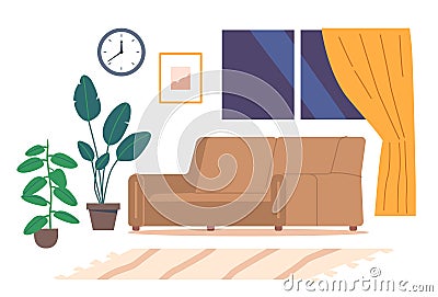 Living Room Interior with Furniture and Decor. Sofa, Potted Plants, Pictures and Clock on Wall, Curtained Window Vector Illustration