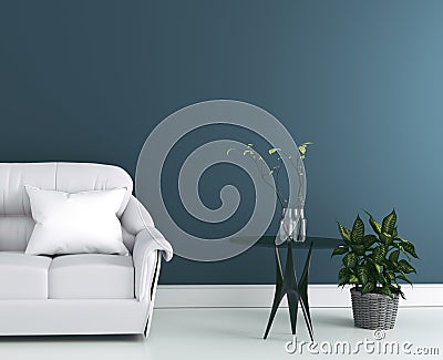 Living Room interior with gray fabric sofa and pillows on modern dark wall background,3d rendering Stock Photo