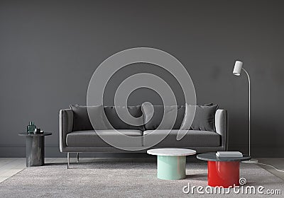 Living room interior with gray sofa and modern color tables with marble countertops Cartoon Illustration