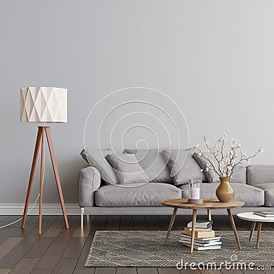 Living room interior with grey sofa, two coffee tables on the carpet and the floor lamp. Empty gray wall mockup. 3D render. Cartoon Illustration