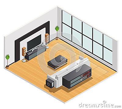 Living Room Interior Isometric View Poster Vector Illustration