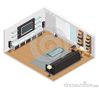 Living Room Interior Isometric View Poster Vector Illustration