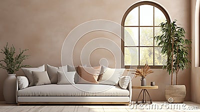 living room interior mock up, modern furniture and decorative green arch with trendy dried flowers, white sofa and Stock Photo