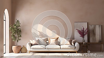 living room interior mock up, modern furniture and decorative green arch with trendy dried flowers, white sofa and Stock Photo