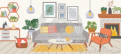 Living room interior. Modern home indoor furniture cozy sofa, carpet, chair, table and plant in scandic hygge style Vector Illustration