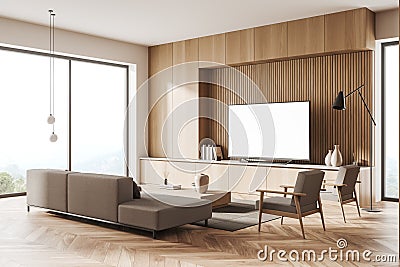 Living room interior with seats, drawer and tv set with mockup screen Stock Photo