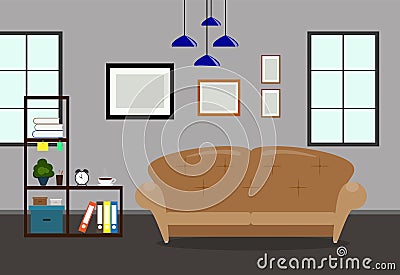 Living room interior with sofa,bookcase and picture frame on wall Vector Illustration