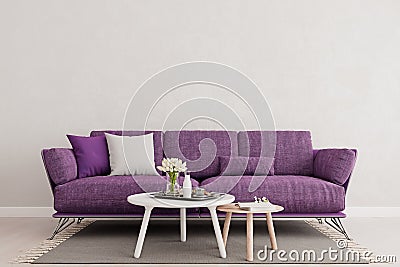 Living room interior wall mock up with purple violet sofa, empty white wall with free space above on top Cartoon Illustration