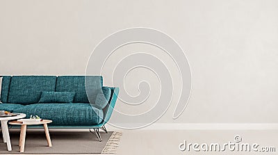 Living room interior wall mock up with teal blue sofa, empty white wall with free space on right Cartoon Illustration