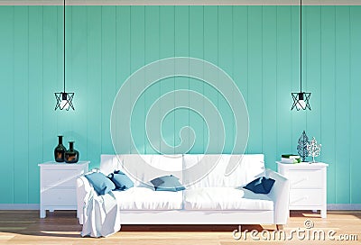 Living room interior - white leather sofa and green wall panel with space Stock Photo