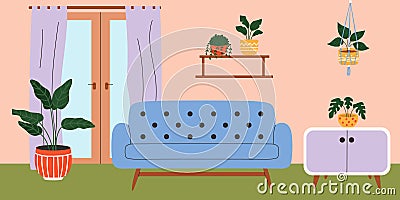 Living room interior with window and macrame plant. Vector illustration. Vector Illustration