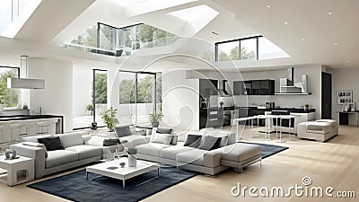 Living Room and Kitchen Layout Interior Design of a Modern House with Minimalistic Design. Stock Photo