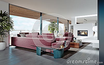 Living room with a large pink sofa and a TV unit with shelves and decor. Living room studio with kitchen and living area. Large Stock Photo