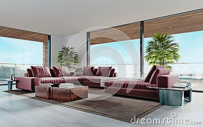 Living room with a large pink sofa and a TV unit with shelves and decor. Living room studio with kitchen and living area. Large Stock Photo