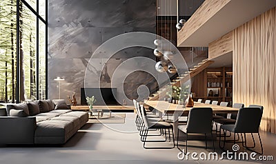 A Living Room With A Large Table And Chairs, Modern contemporary loft living and dining room Stock Photo