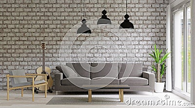 3d rendering Living Room loft and industrial style, brick wall ,big room Editorial Stock Photo