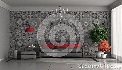 Living room with modern sofa against wall with retro tiles on background Stock Photo