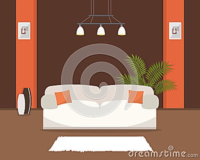 Living room in an orange and brown colors with white sofa Vector Illustration
