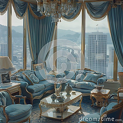 The living room in the penthouse is decorated in a luxury style. Cartoon Illustration