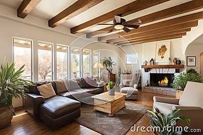 living room in pueblo-style home, wooden ceiling beams visible Stock Photo