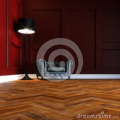 Living room red interior with leather vintage armchair and wooden parquet floor 3D render Stock Photo