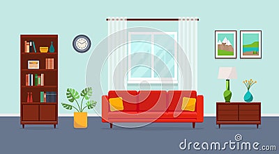 Living room with red sofa, bookcase, torchere, vase, plant, paintings and window. Vector Illustration