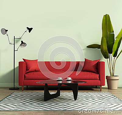 Living room with a red sofa and a geometrical rug Stock Photo