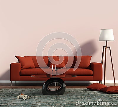 Living room with a red sofa and a geometrical rug Stock Photo