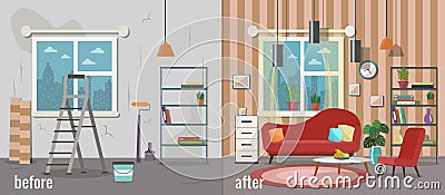 Living room before and after repair. Home interior renovation. V Cartoon Illustration