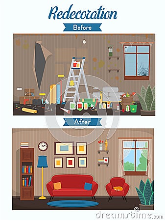 Living room before and after repair. Living room with chair, sofa, window, bookshelf. Vector flat cartoon illustration Vector Illustration