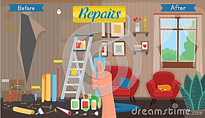 Living room before and after repair. Living room with chair, sofa, window, bookshelf. Vector flat cartoon illustration Vector Illustration