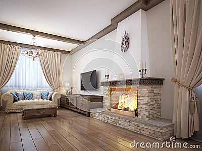 Living room in a rustic style with soft furniture and a large fireplace with classic elements Stock Photo