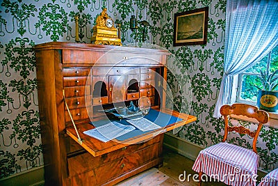 Living room of the 1800`s with painted wallpaper in Skansen, Stockholm, Editorial Stock Photo