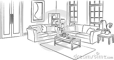 Living Room Sketch and Outline Vector Illustration Stock Photo