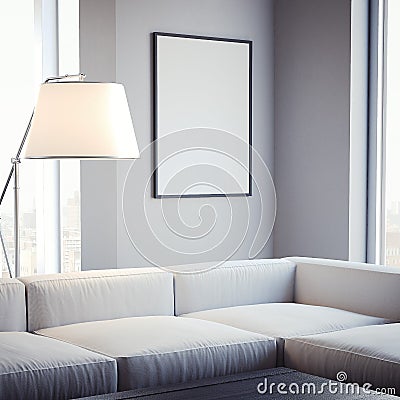 Living room with blank picture frame on the wall. 3d rendering Stock Photo